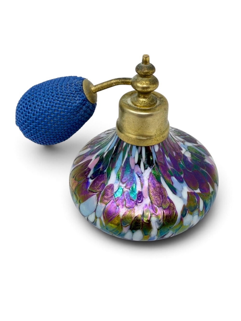 Vintage Iridescent Glass Perfume Bottle with Blue Atomizer
